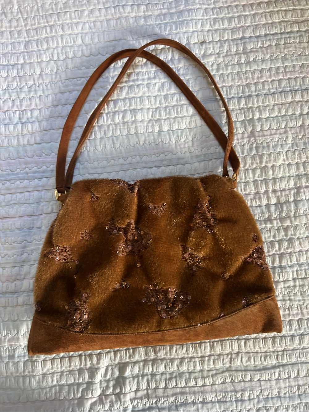 Women's Brown Faux Fur Beaded Shoulder Bag